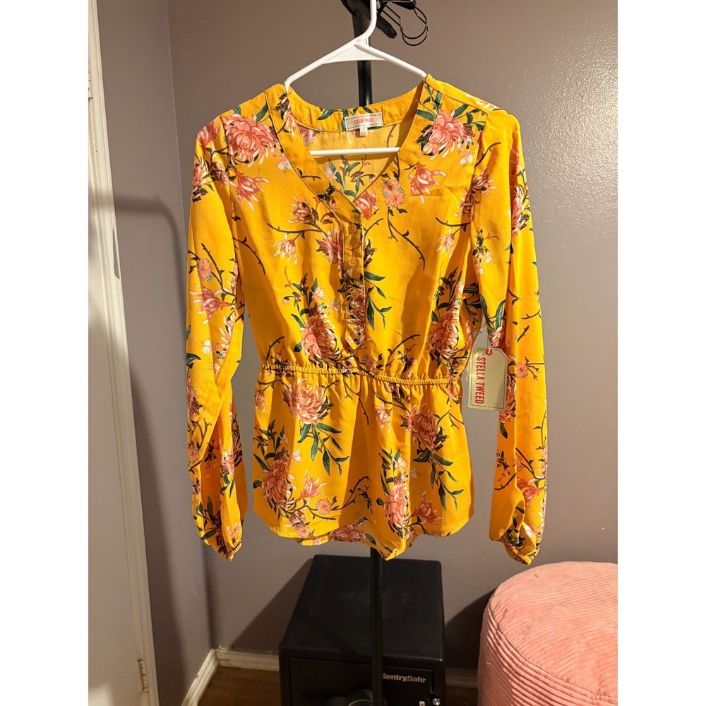 Stella Tweed Yellow Floral Long Sleeve Blouse Sz S - NWT